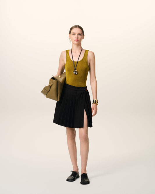 Black Wool Twill Short Pleated Skirt
