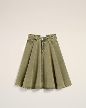 Green Cotton Midi Skirt With Godets