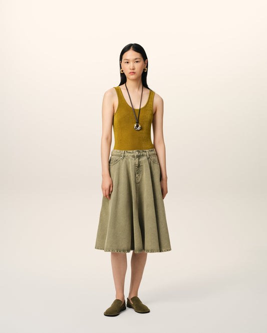 Green Cotton Midi Skirt With Godets