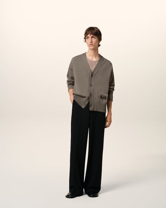Beige Cotton Wool Ami Embroidered Cardigan