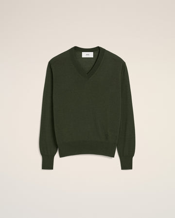 Green Wool Tonal V Neck Sweater