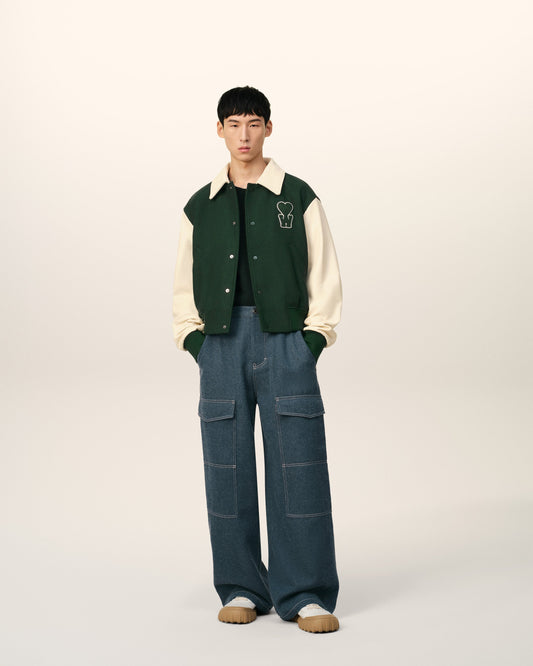 White And Green Wool Quilted Teddy Jacket With Patch
