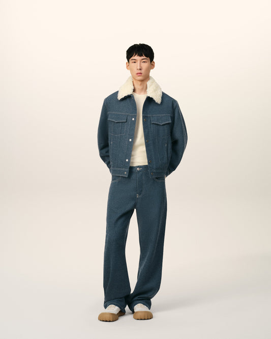 Blue Wool Trucker Jacket With Sherling Collar