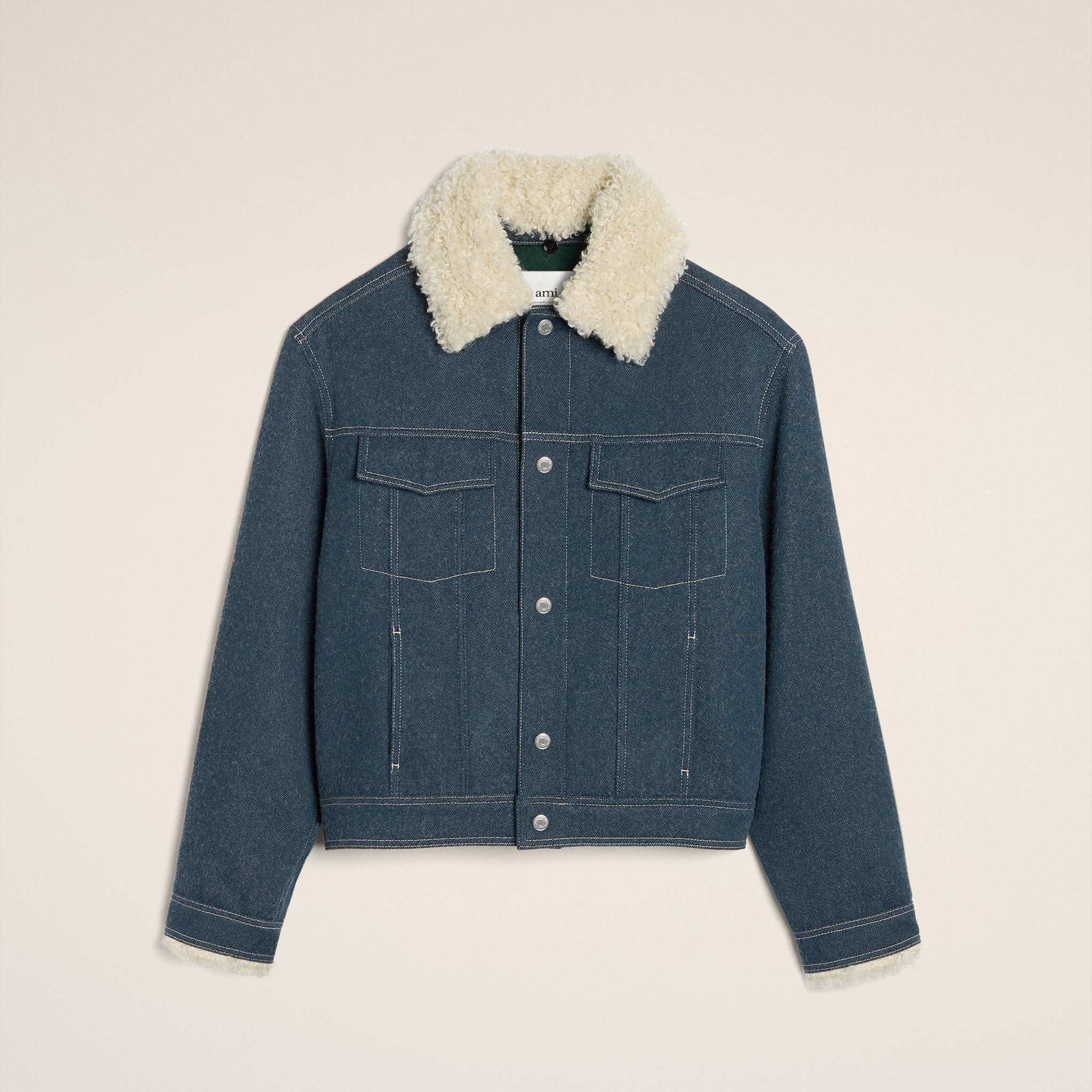 Blue Wool Trucker Jacket With Sherling Collar