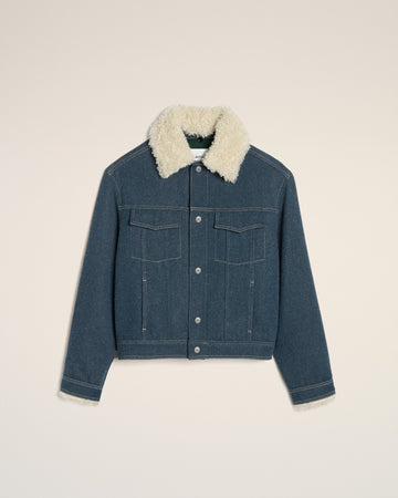 Blue Wool Trucker Jacket With Sherling Collar