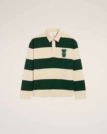 White And Green Cotton Striped Polo With Patch