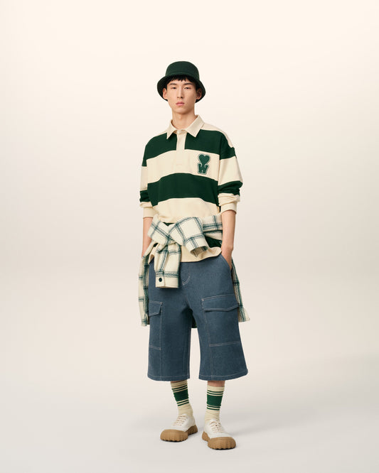 White And Green Cotton Striped Polo With Patch