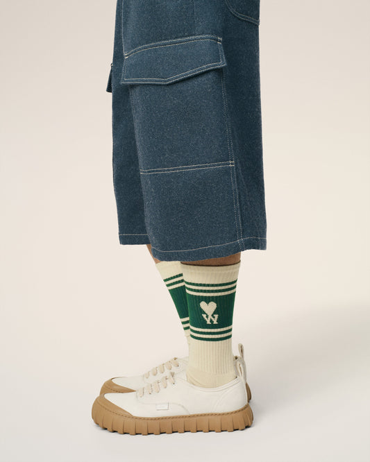 White And Green Cotton Striped Socks