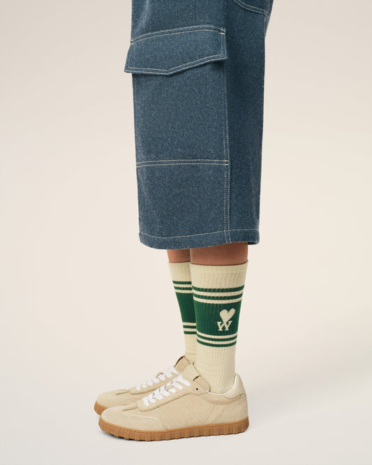White And Green Cotton Striped Socks