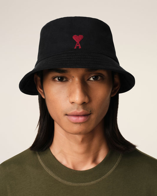 Black Cotton Ami de Coeur Embroidery Bucket Hat