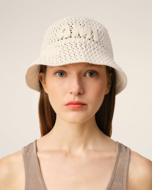 Beige Knit Ami Patch Bucket Hat