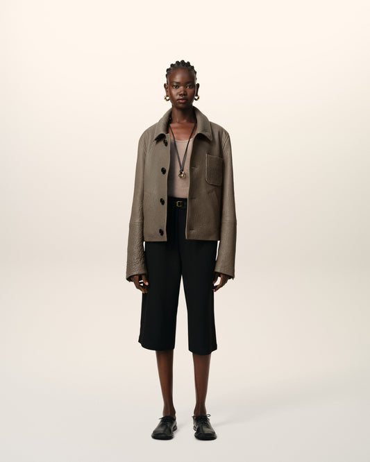 Taupe Leather Buttoned Jacket