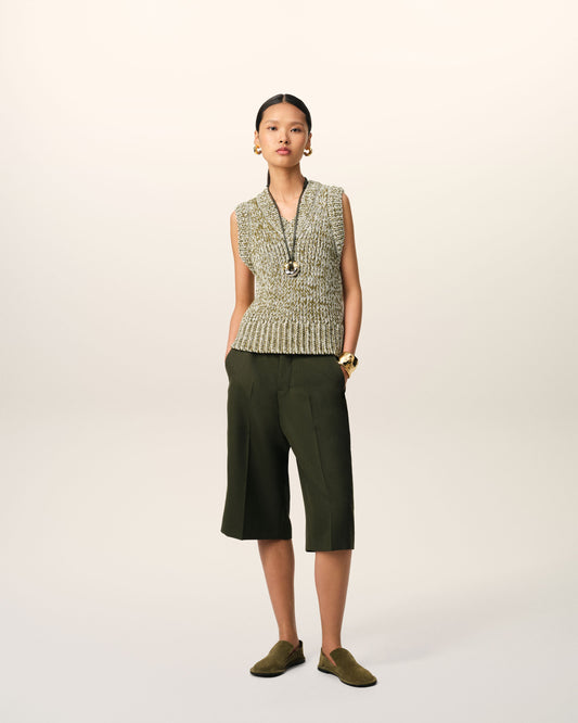 Green Cotton And Wool Sleeveless V Neck Sweater
