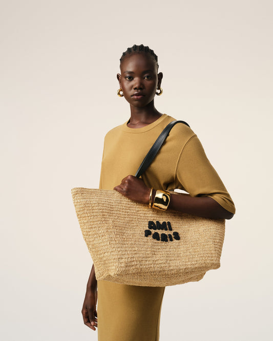 Beige Leather Rafia Ami Paris Tote Bag