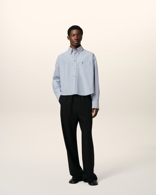 Blue Cotton Button-Down Cropped Oversized Shirt