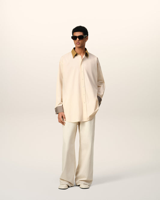Beige Cotton Classic Collar Loose Shirt