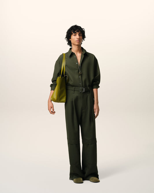 Green Wool Back Slit Loose Shirt
