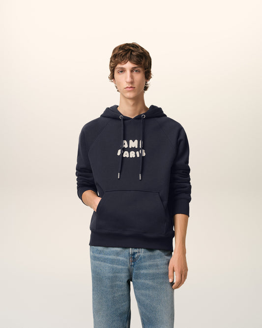 Navy Cotton Hoodie With Ami Paris Patch