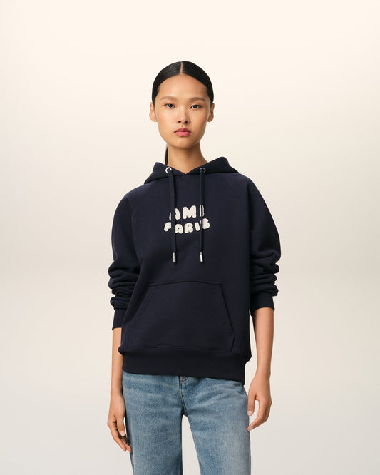 Navy Cotton Hoodie With Ami Paris Patch